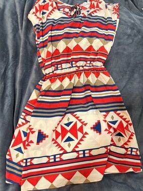 Red, Blue & Cream Geometric Print Summer Dress